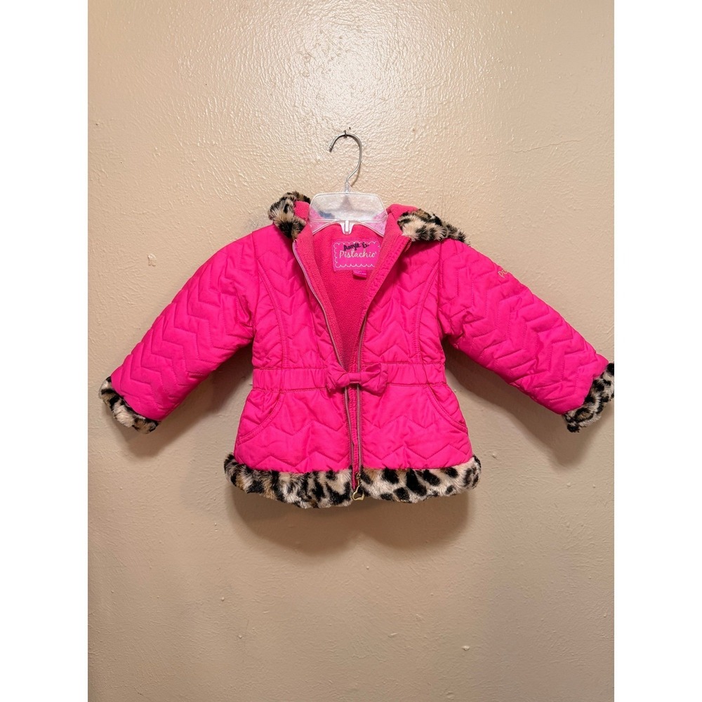 Pistachio Toddler Girls 2T Pink Quilted Leopard Trim Hooded Jacket‎